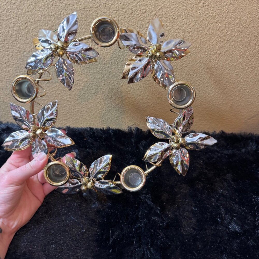 Vintage Metal Christmas Candle Holder Floral Design